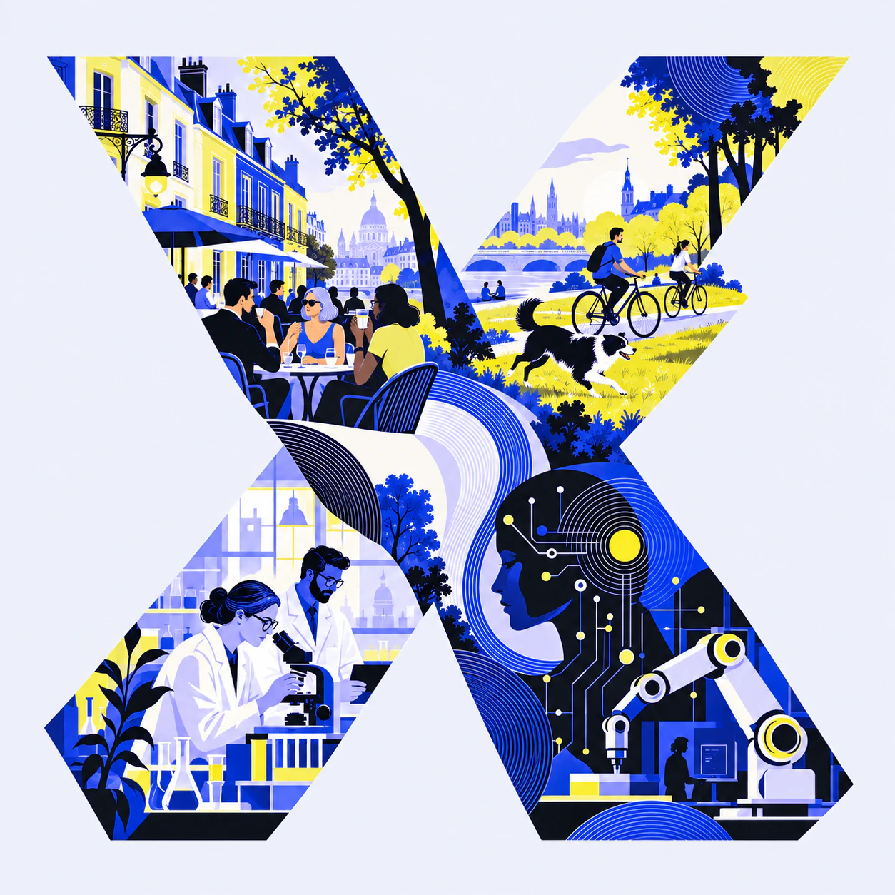 An editorial illustration in the shape of a large X, drawn from scenes of European life and progress: townhouses and a café, people cycling and walking a dog in a park, researchers at a microscope, an AI circuit profile and a robotic arm, in electric blue, acid yellow and fine curved linework.